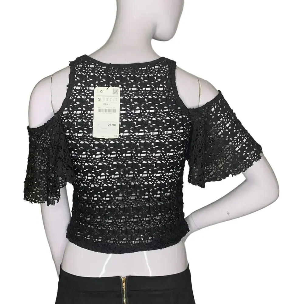 Zara Collection NWT Top Cold Shoulder Lace Black Size Small